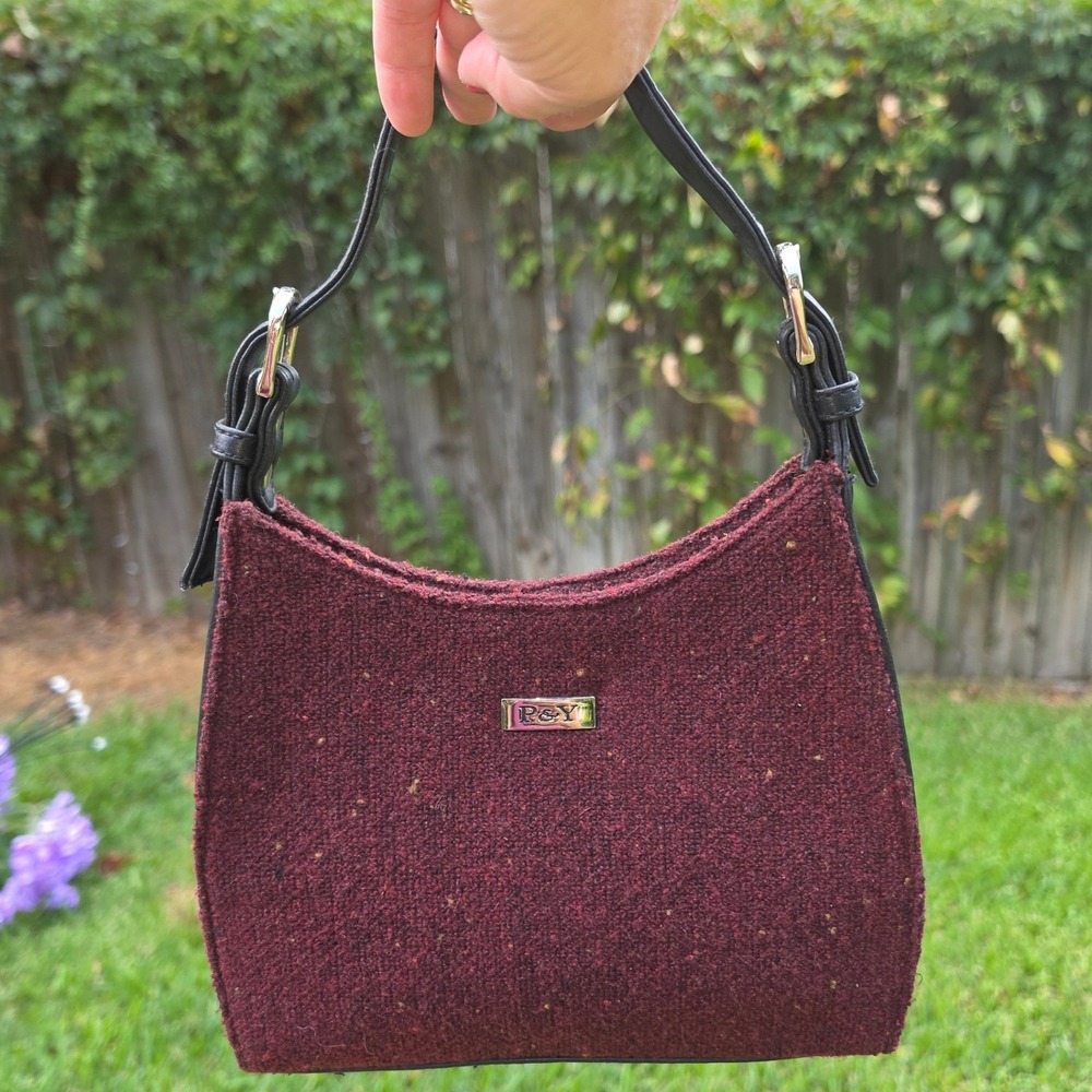 P&Y Burgundy Tweed Shoulder Bag Hobo Purse with Silver Tone Hardware
